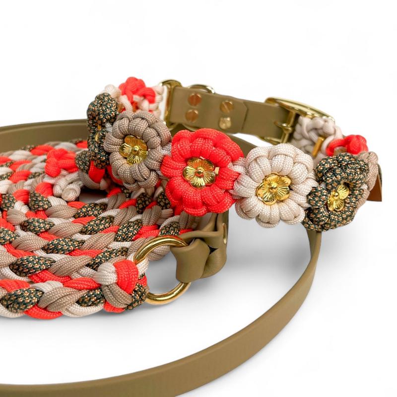 Geflochtenes Paracord Blumenhalsband und Leine für Hunde. Stilvolles Design, robust und bequem – perfekt für modische Spaziergänge mit Ihrem Vierbeiner!