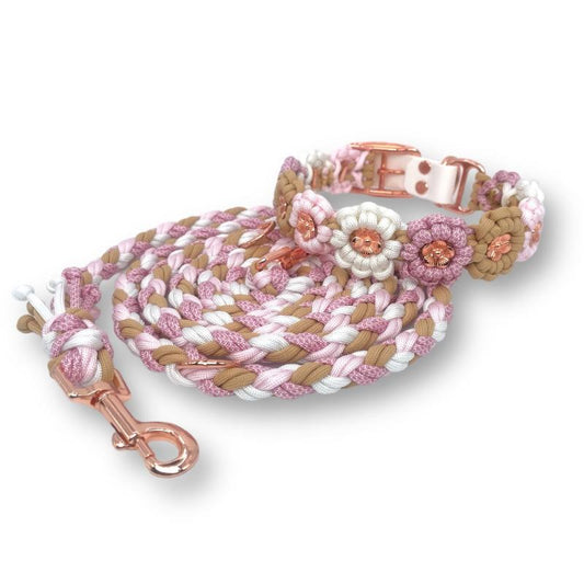 Geflochtenes Paracord Blumenhalsband und Leine für Hunde. Stilvolles Design, robust und bequem – perfekt für modische Spaziergänge mit Ihrem Vierbeiner!