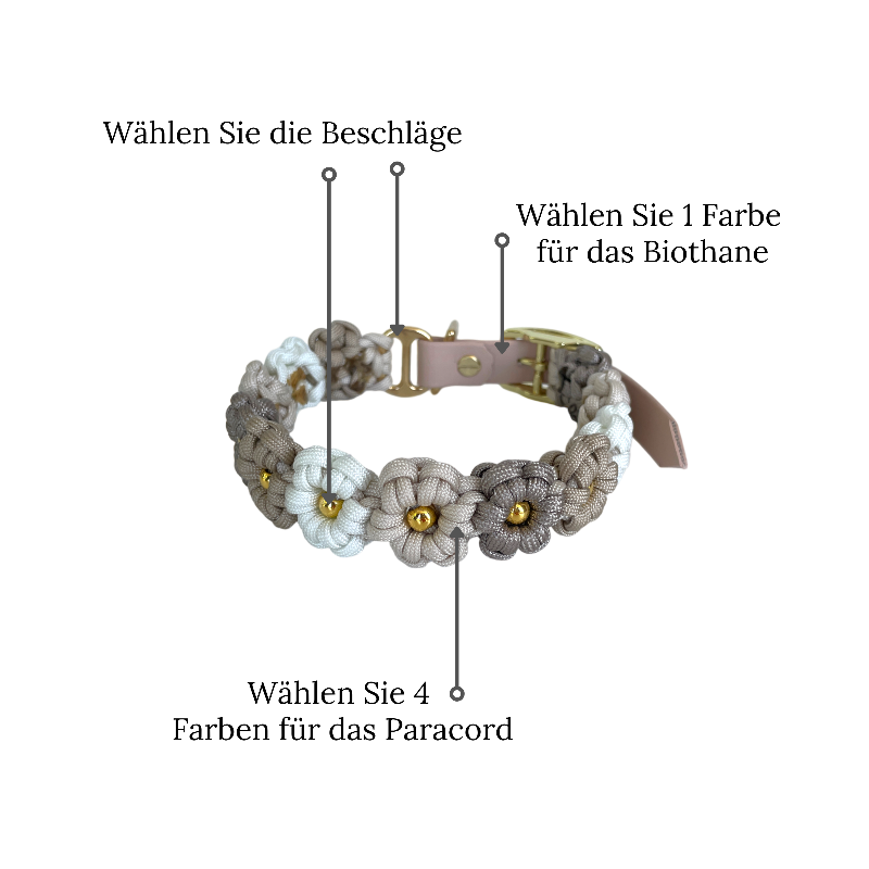 Handgefertigtes Blumenhalsband "Petite les Fleurs" aus robustem Paracord, individuell gestaltbar in Farben und Perlen. Ideal für kleine bis mittelgroße Hunde.