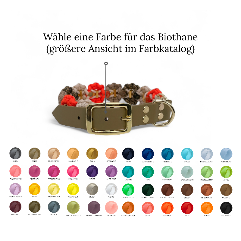 Individuell gestaltbares Blumenhalsband aus hochwertigem Paracord für Hunde. Wählen Sie Farben und Beschläge für ein einzigartiges, handgefertigtes Design.