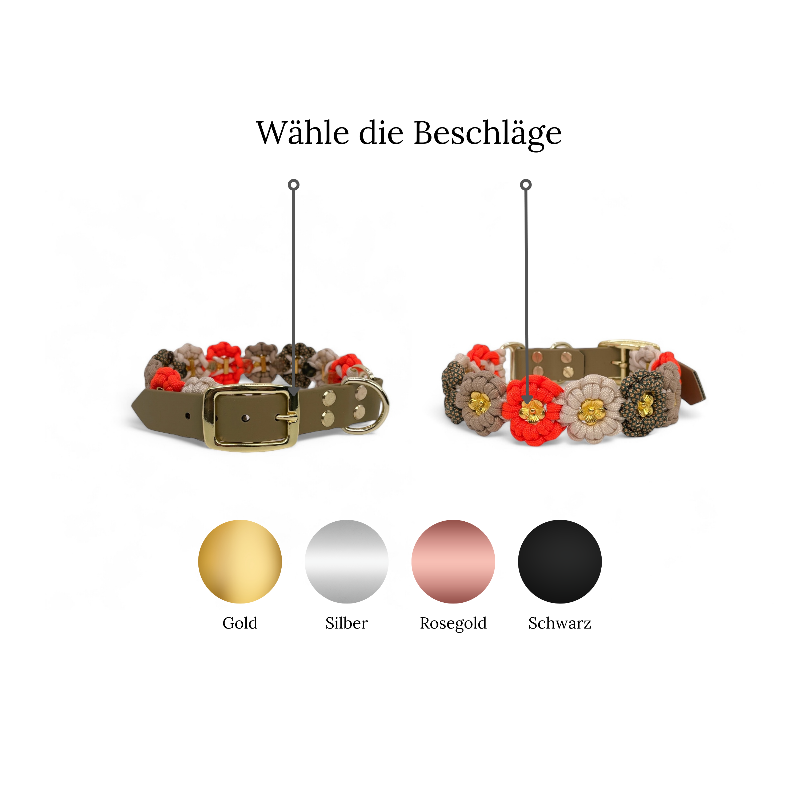 Individuell gestaltbares Blumenhalsband aus hochwertigem Paracord für Hunde. Wählen Sie Farben und Beschläge für ein einzigartiges, handgefertigtes Design.