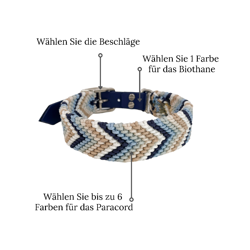 Handgeknüpftes Hundehalsband „Arrow“ im Boho-Look mit Chevron-Muster. Individuell gestaltbar in Farben, Beschlägen und Verschlüssen für stilvolle Hunde.