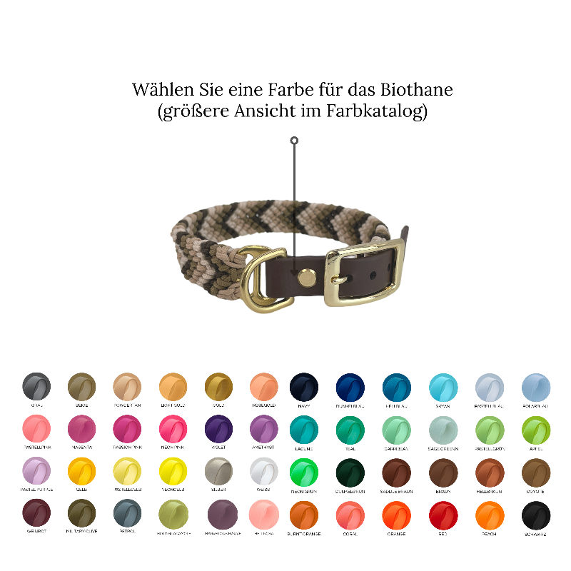 Handgeknüpftes Hundehalsband „Arrow“ im Boho-Look mit Chevron-Muster. Individuell gestaltbar in Farben, Beschlägen und Verschlüssen für stilvolle Hunde.