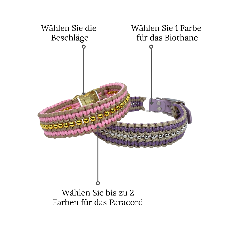 Individuell gestaltbares Halsband aus hochwertigem Paracord für Hunde. Wählen Sie Farben und Beschläge für ein einzigartiges, handgefertigtes Design.