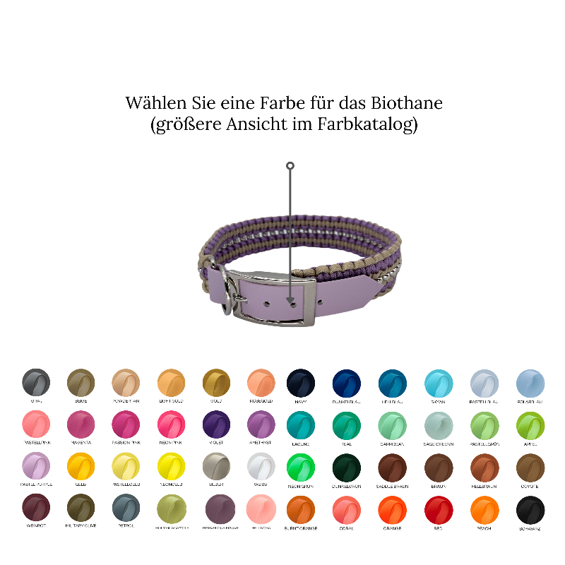 Individuell gestaltbares Halsband aus hochwertigem Paracord für Hunde. Wählen Sie Farben und Beschläge für ein einzigartiges, handgefertigtes Design.