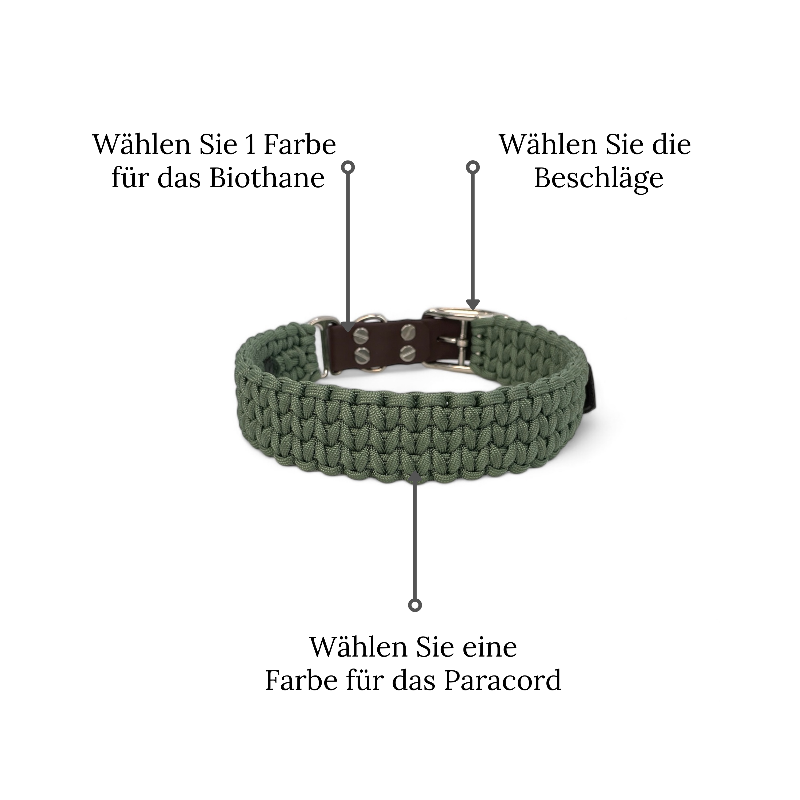 Individuell gestaltbares Halsband aus hochwertigem Paracord für Hunde. Wählen Sie Farben und Beschläge für ein einzigartiges, handgefertigtes Design