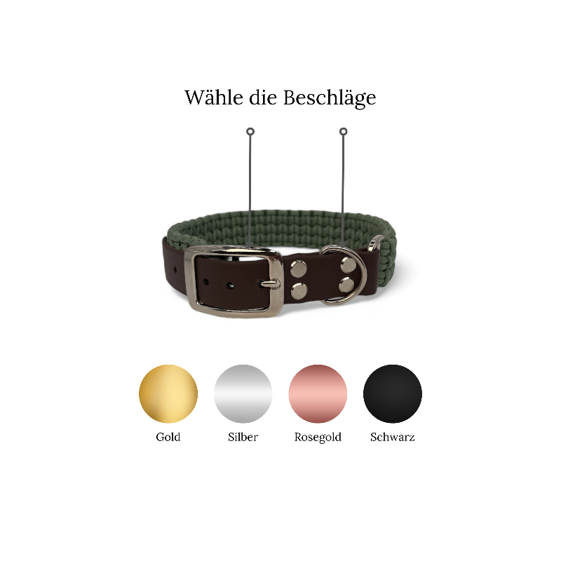 Individuell gestaltbares Halsband aus hochwertigem Paracord für Hunde. Wählen Sie Farben und Beschläge für ein einzigartiges, handgefertigtes Design