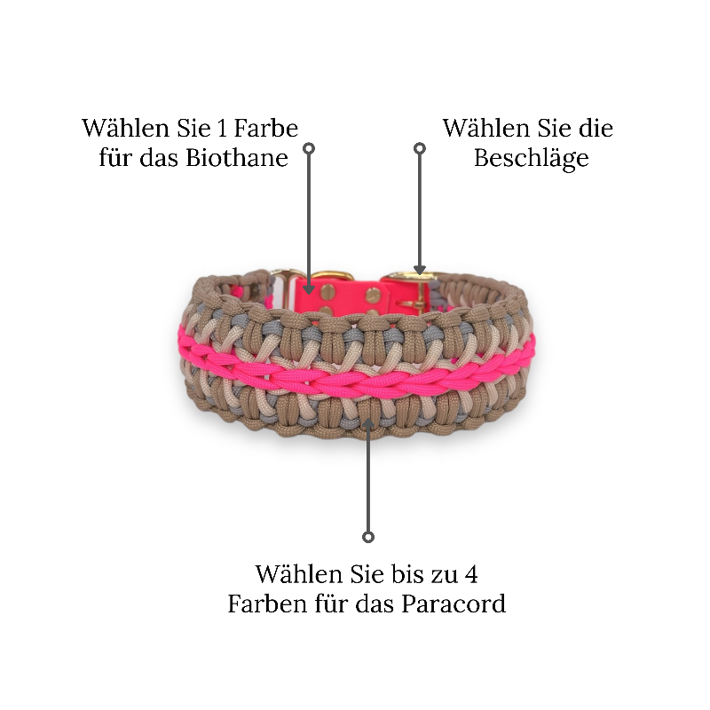 Individuell gestaltbares Halsband aus hochwertigem Paracord für Hunde. Wählen Sie Farben und Beschläge für ein einzigartiges, handgefertigtes Design.