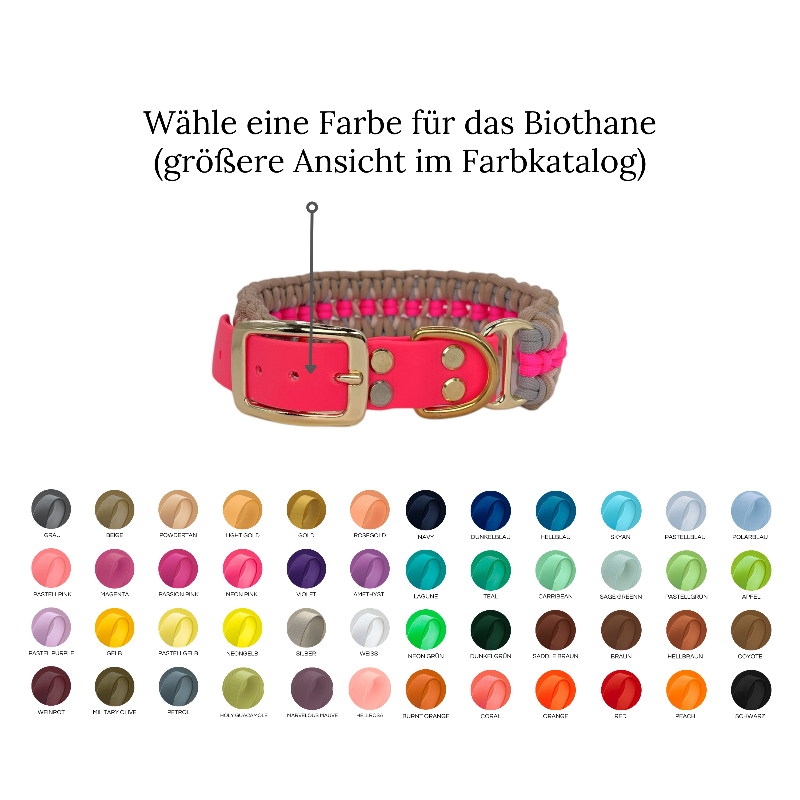 Individuell gestaltbares Halsband aus hochwertigem Paracord für Hunde. Wählen Sie Farben und Beschläge für ein einzigartiges, handgefertigtes Design.