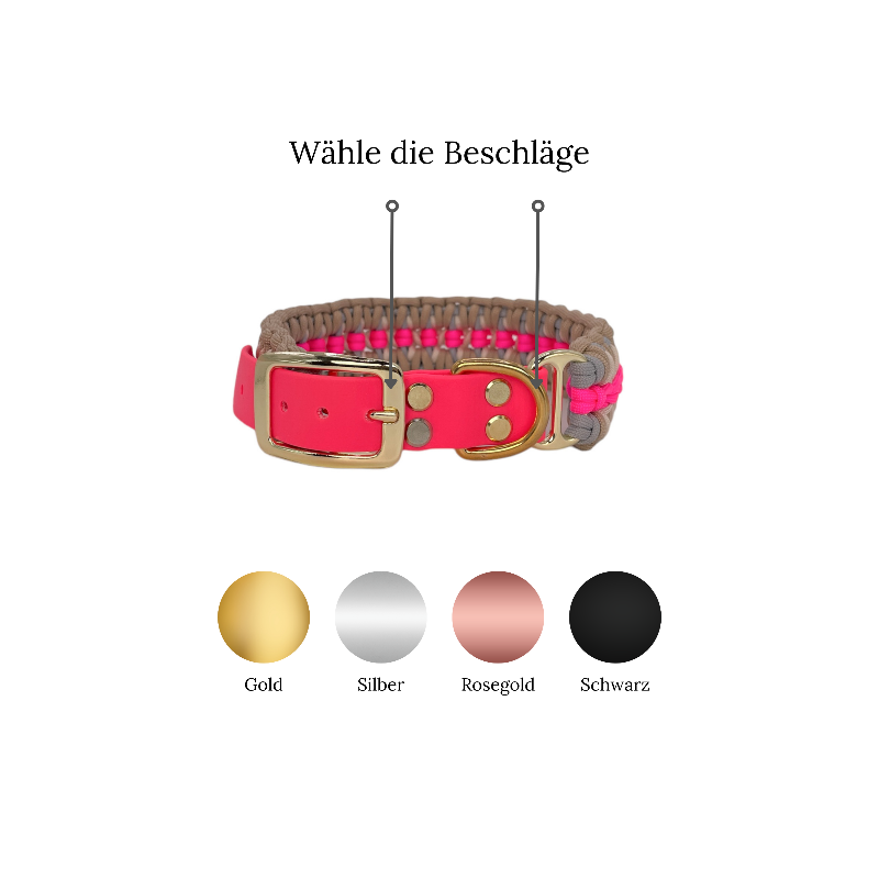 Individuell gestaltbares Halsband aus hochwertigem Paracord für Hunde. Wählen Sie Farben und Beschläge für ein einzigartiges, handgefertigtes Design.