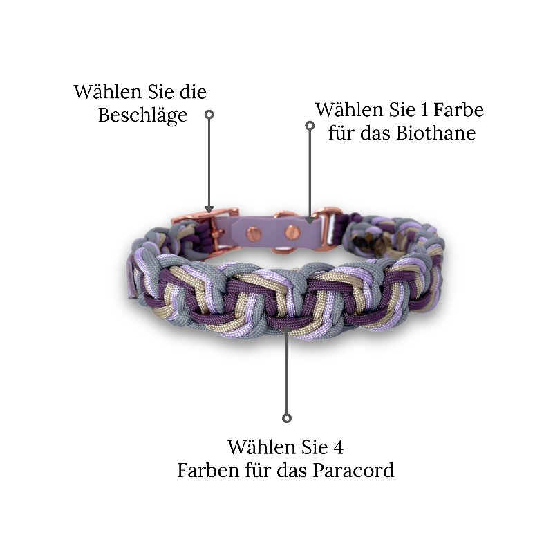 Individuell gestaltbares Halsband aus hochwertigem Paracord für Hunde. Wählen Sie Farben und Beschläge für ein einzigartiges, handgefertigtes Design.