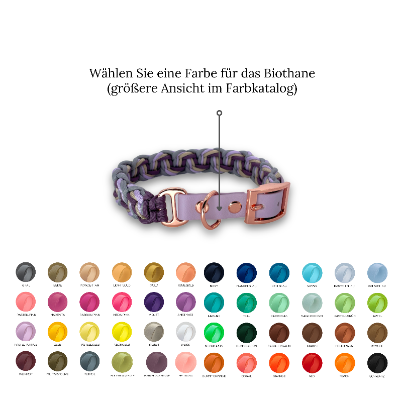 Individuell gestaltbares Halsband aus hochwertigem Paracord für Hunde. Wählen Sie Farben und Beschläge für ein einzigartiges, handgefertigtes Design.