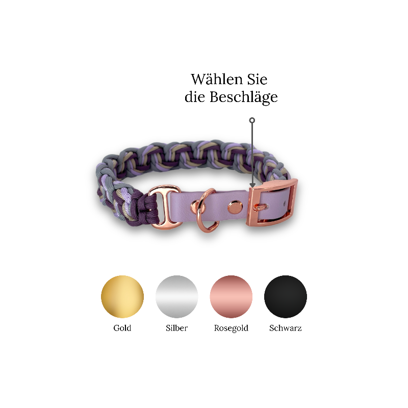 Individuell gestaltbares Halsband aus hochwertigem Paracord für Hunde. Wählen Sie Farben und Beschläge für ein einzigartiges, handgefertigtes Design.