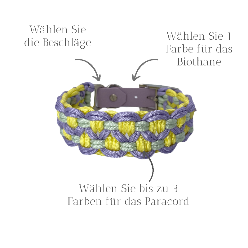 Individuell gestaltbares Blumenhalsband aus hochwertigem Paracord für Hunde. Wählen Sie Farben und Beschläge für ein einzigartiges, handgefertigtes Design.