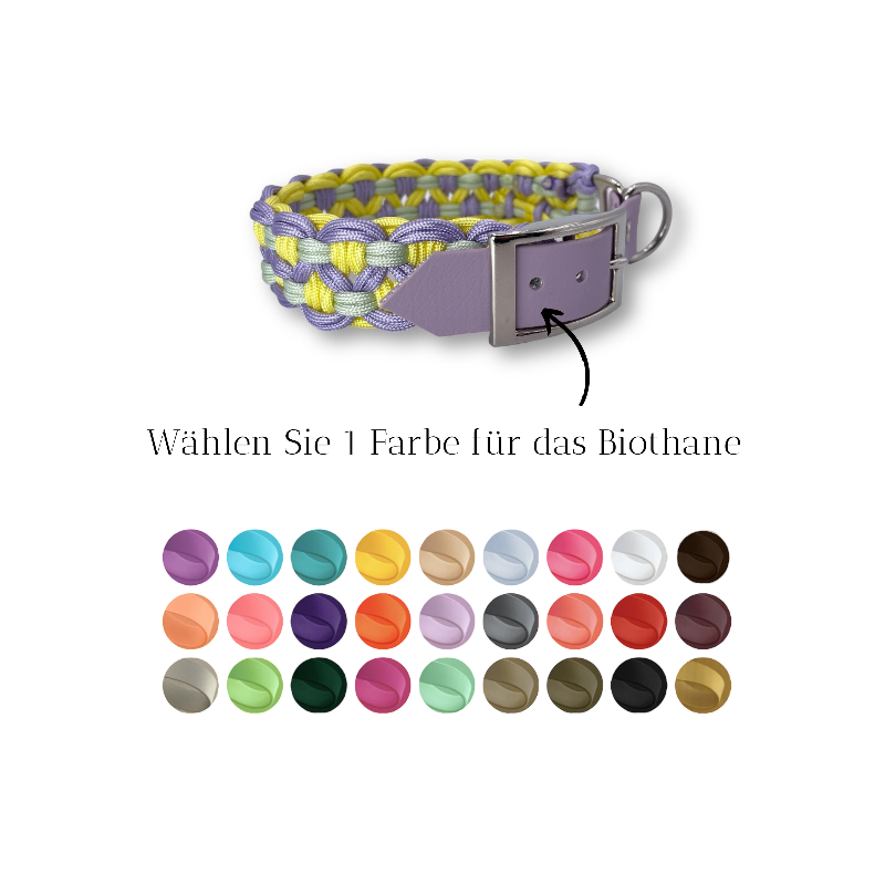 Individuell gestaltbares Blumenhalsband aus hochwertigem Paracord für Hunde. Wählen Sie Farben und Beschläge für ein einzigartiges, handgefertigtes Design.