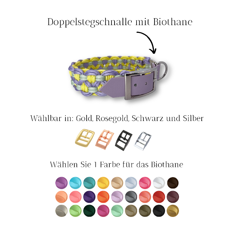 Individuell gestaltbares Blumenhalsband aus hochwertigem Paracord für Hunde. Wählen Sie Farben und Beschläge für ein einzigartiges, handgefertigtes Design.