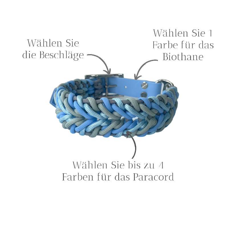 Individuell gestaltbares Halsband aus hochwertigem Paracord für Hunde. Wählen Sie Farben und Beschläge für ein einzigartiges, handgefertigtes Design.