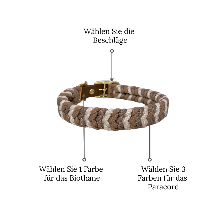 Individuell gestaltbares Halsband aus hochwertigem Paracord für Hunde. Wählen Sie Farben und Beschläge für ein einzigartiges, handgefertigtes Design.