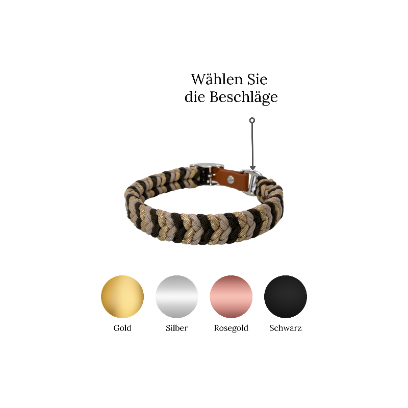 Individuell gestaltbares Halsband aus hochwertigem Paracord für Hunde. Wählen Sie Farben und Beschläge für ein einzigartiges, handgefertigtes Design.