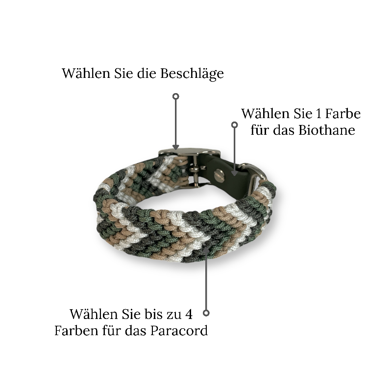 Handgeknüpftes Hundehalsband „Arrow“ im Boho-Look mit Chevron-Muster. Individuell gestaltbar in Farben, Beschlägen und Verschlüssen für stilvolle Hunde.