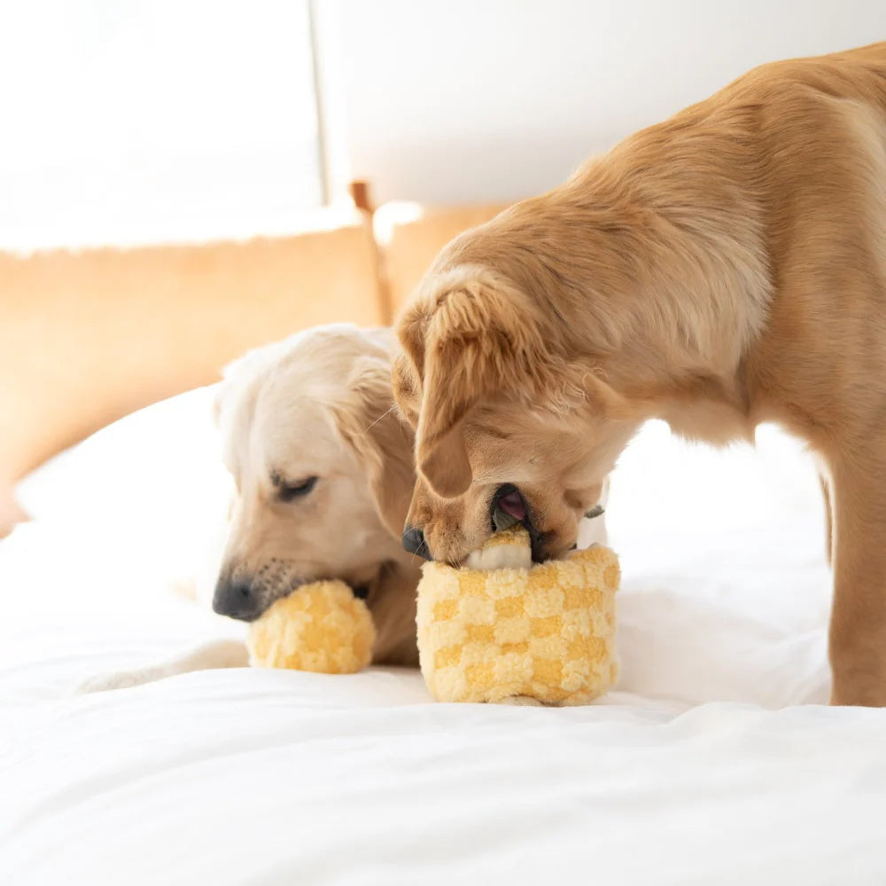 PINEAPPLE POP Hundespielzeug: Plüschige Ananas mit Quietscher, knisterndem Material und verstecktem Ball. Ideal für Schnüffelspiele und Kuschelmomente.