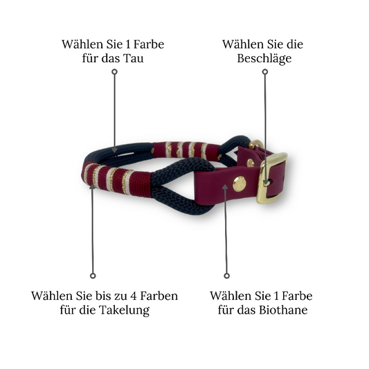 "Gestalten Sie das perfekte Tau Halsband für Ihren Hund mit unserem Konfigurator! Wählen Sie Farben, Takelung und Beschläge für ein individuelles, stilvolles Accessoire!"