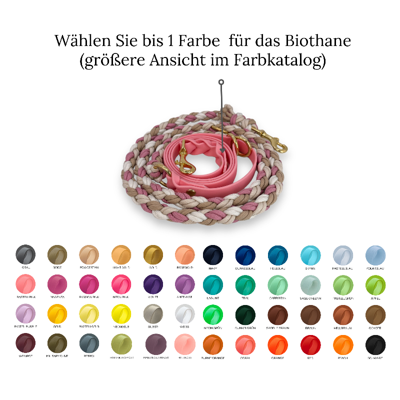 Gestalten Sie Ihre individuelle 50/50 Hundeleine aus hochwertigem Paracord und Biothane! Wählen Sie Farben, Länge und Breite für Stil und Funktionalität. Ideal für aktive Hunde!