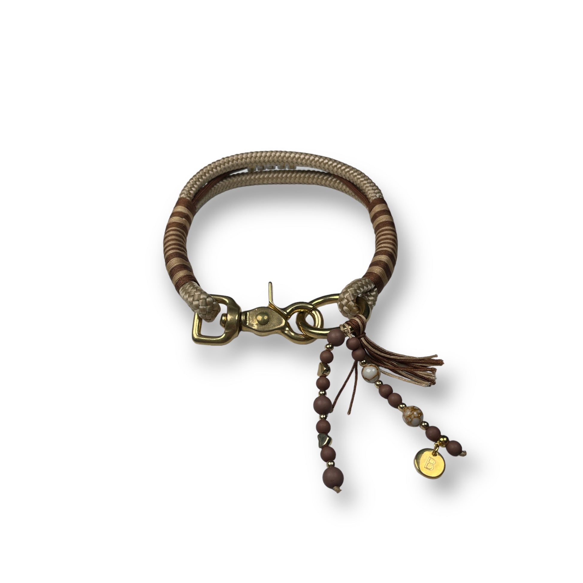 Handgemachtes Hundehalsband aus Tauseil in den Farben Beige, Braun und Gold im Onlineshop Bellousya