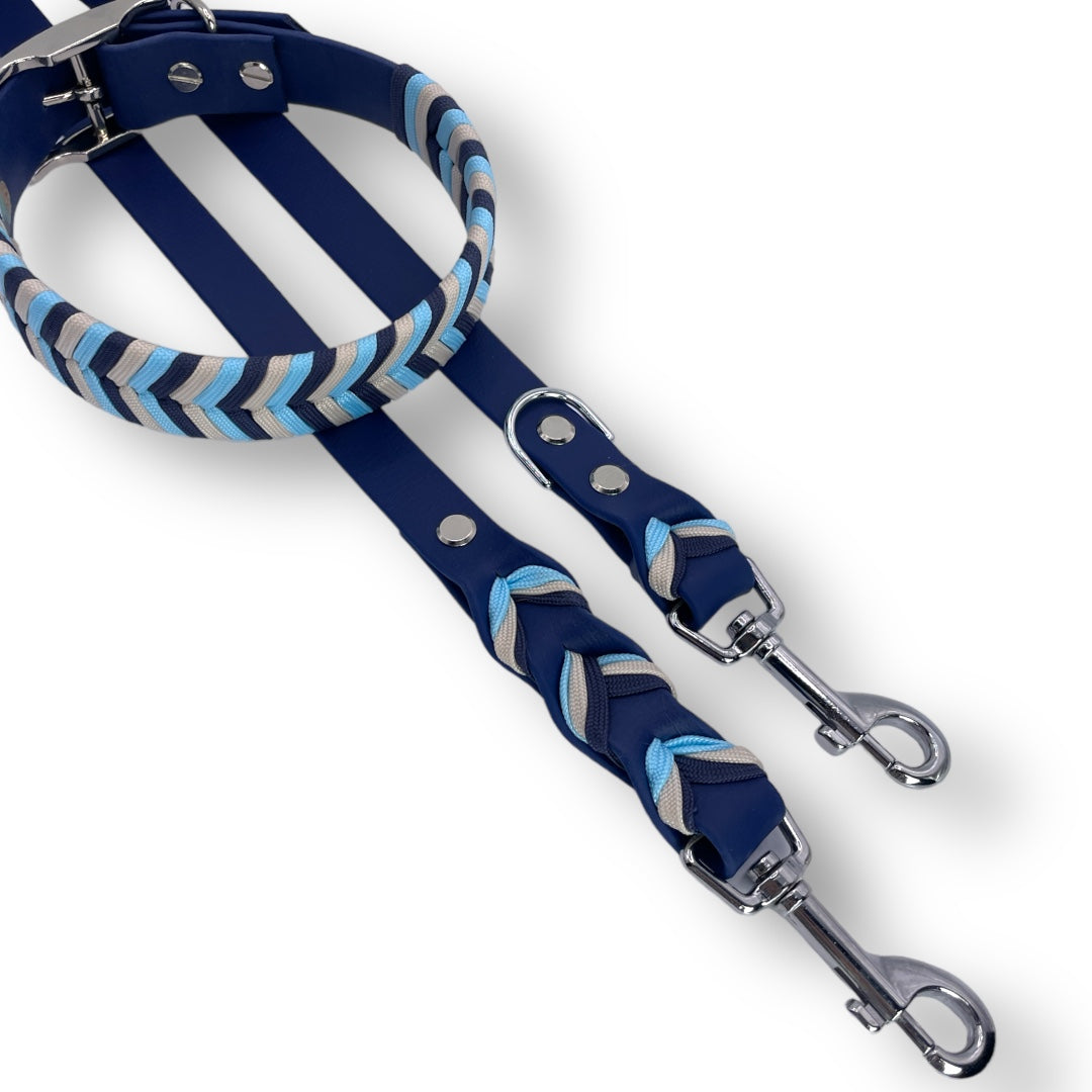 Hundehalsband und Leine in Blau aus Biothane mit Paracord im Onlineshop Bellousya