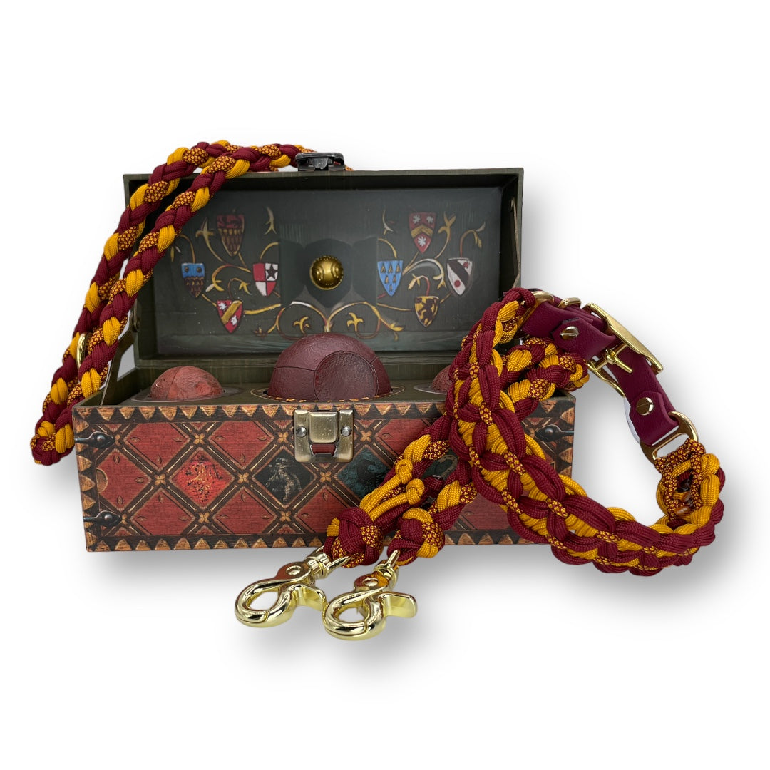 Hundehalsband und Leine in Weinrot aus Biothane mit Paracord im Onlineshop Bellousya für Harry Potter Hogwarts Fans, Gryffindor Hundehalsband