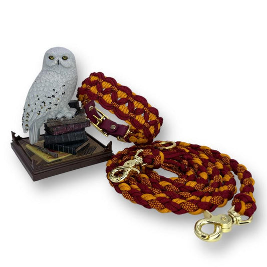 Handgefertigtes Paracord Halsband und Leine für Hunde, inspiriert von Harry Potter und Gryffindor. Stilvoll, individuell anpassbar und funktional!